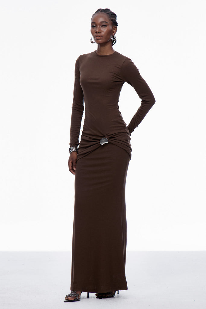 Brandr Ruch Bodycon Maxi Dress In Brown - Stylish brown dress for special occasions | Buy Online