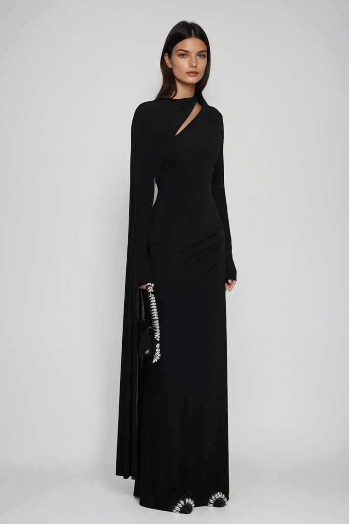 Brandt Cutout Shawl Maxi Dress In Black - Stylish black dress for special occasions | Buy Online
