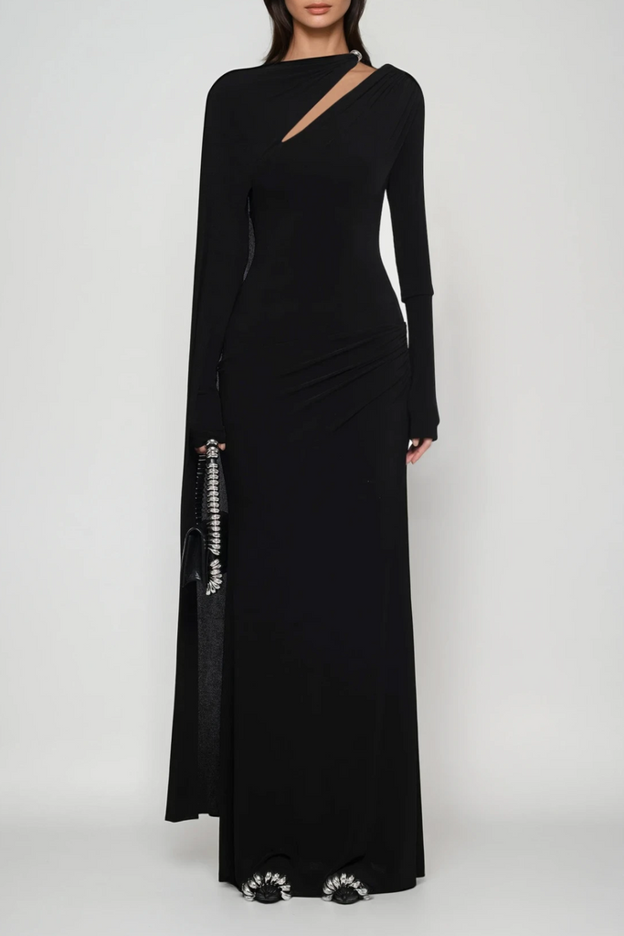 Brandt Cutout Shawl Maxi Dress In Black - Stylish black dress for special occasions | Buy Online