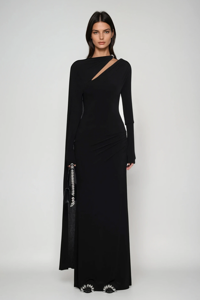 Stylish black dress | Brandt Cutout Shawl Maxi Dress In Black - Ideal for special occasions