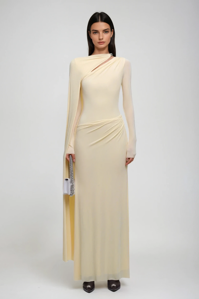 Shop  yellow dress - Perfect for special occasions | Brandt Cutout Shawl Maxi Dress In Yellow