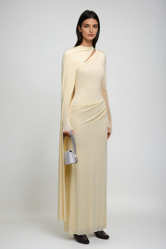 Shop  yellow dress - Perfect for special occasions | Brandt Cutout Shawl Maxi Dress In Yellow