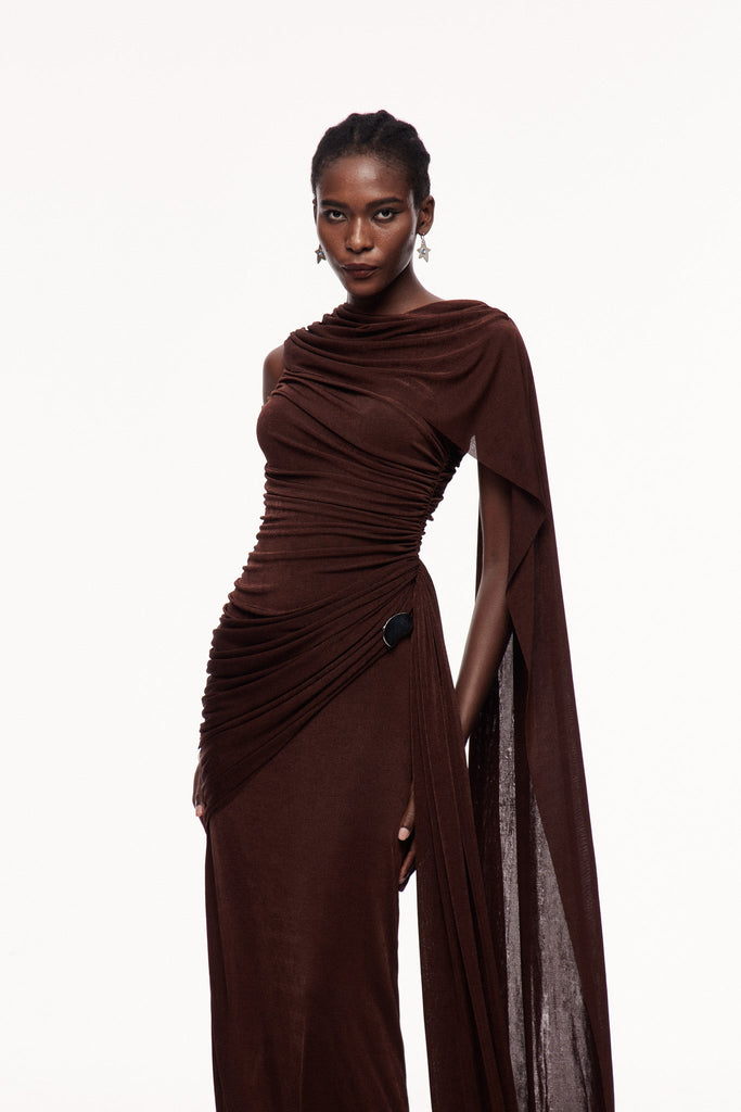 Brandt Ruch Shawl Maxi Dress In Brown - Stylish brown dress for special occasions | Buy Online