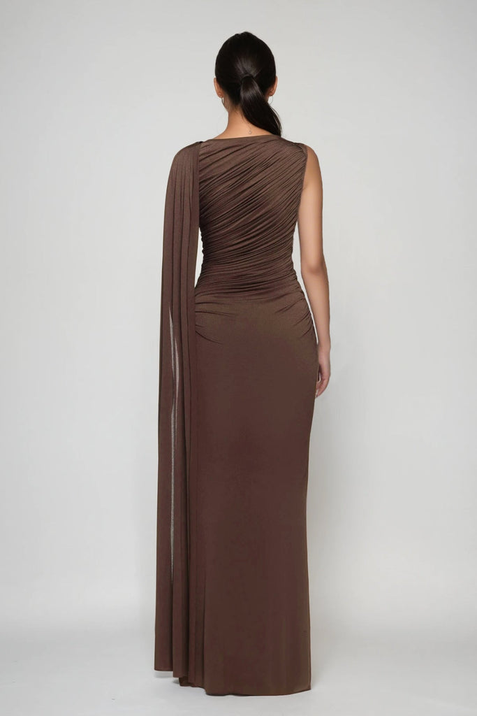 Brandt Ruch Shawl Maxi Dress In Brown - Stylish brown dress for special occasions | Buy Online
