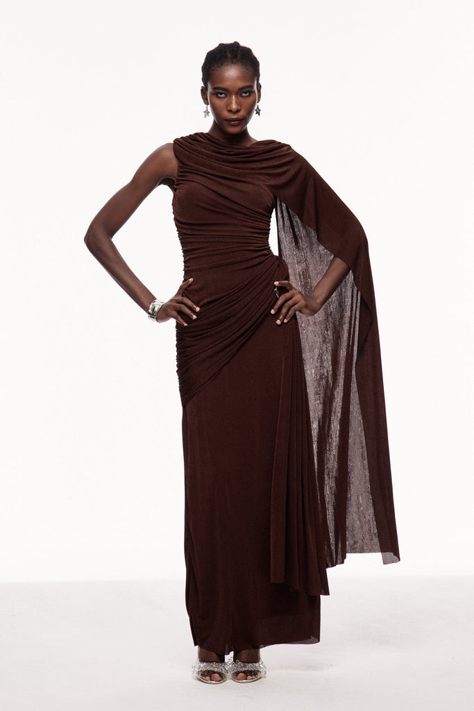Brandt Ruch Shawl Maxi Dress In Brown - Stylish brown dress for special occasions | Buy Online