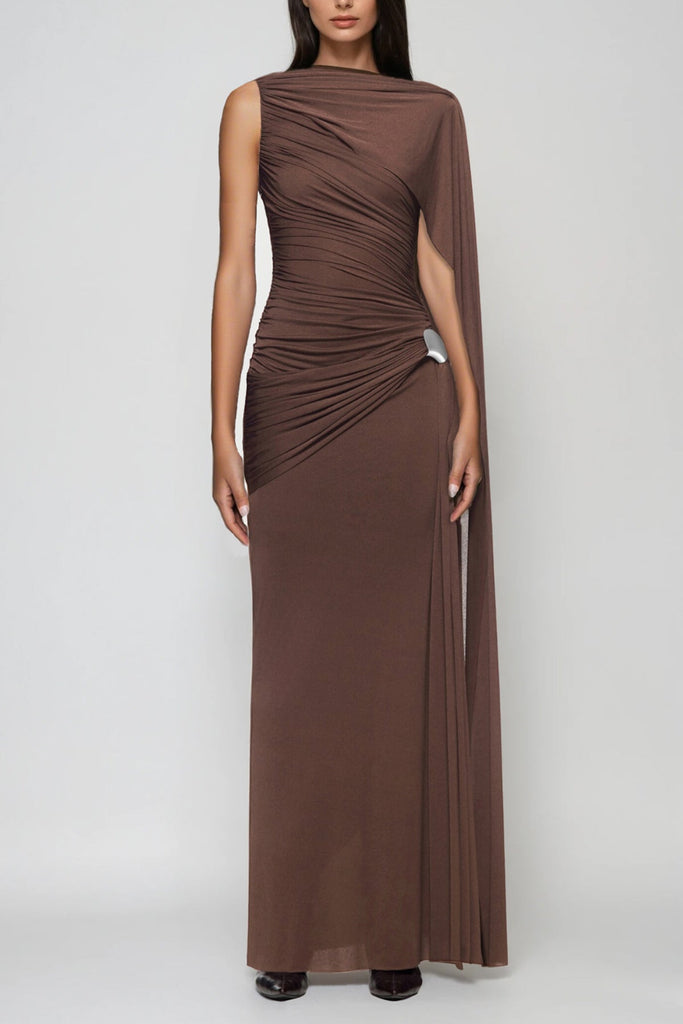 Shop  brown dress - Perfect for special occasions | Brandt Ruch Shawl Maxi Dress In Brown