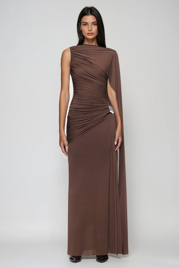 Brandt Ruch Shawl Maxi Dress In Brown - Stylish brown dress for special occasions | Buy Online