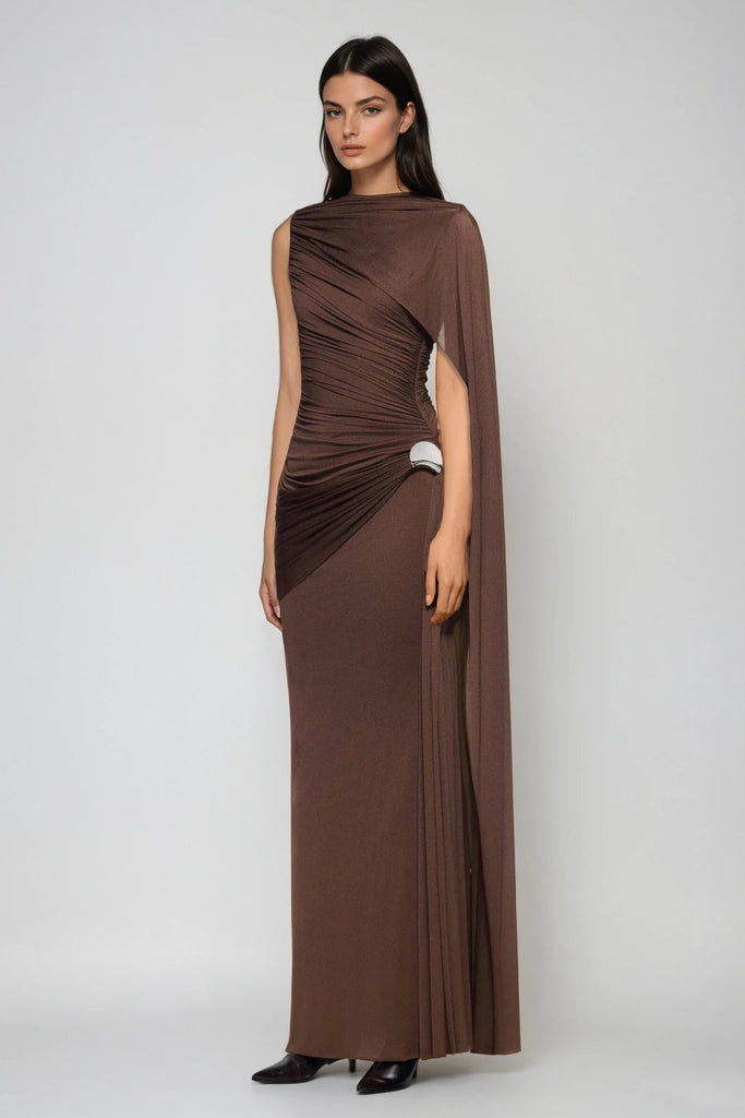 Brandt Ruch Shawl Maxi Dress In Brown - Stylish brown dress for special occasions | Buy Online