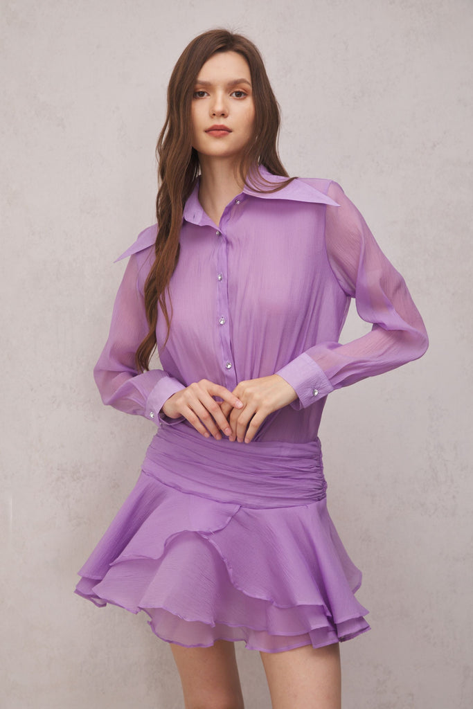 Shop  purple dress - Perfect for special occasions | Brinley Ruched Ruffle Mini Dress In Purple
