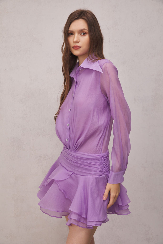 Shop  purple dress - Perfect for special occasions | Brinley Ruched Ruffle Mini Dress In Purple
