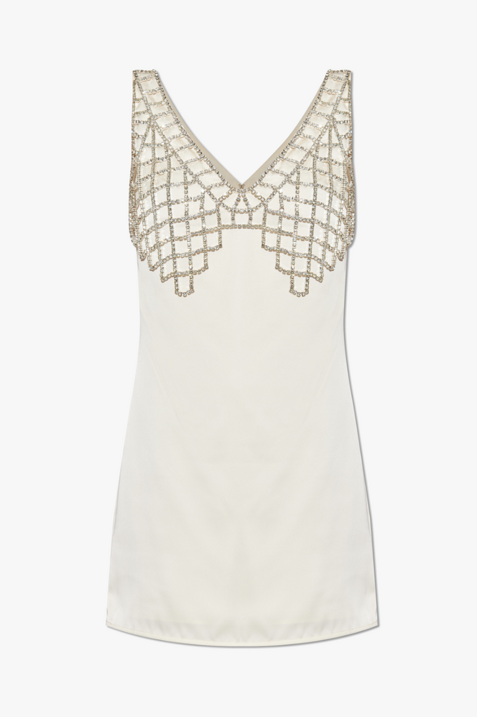 Shop  white dress - Perfect for special occasions | Briony Crystal Embellished Satin Mini Dress - White