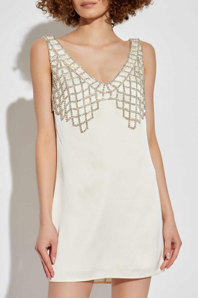 Shop  white dress - Perfect for special occasions | Briony Crystal Embellished Satin Mini Dress - White