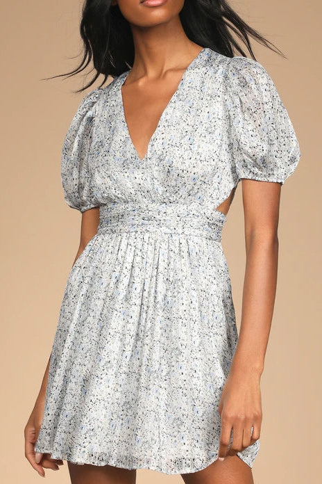 Budding Love White Floral Print Puff Sleeve Cutout Mini Dress - Stylish white dress for special occasions | Buy Online