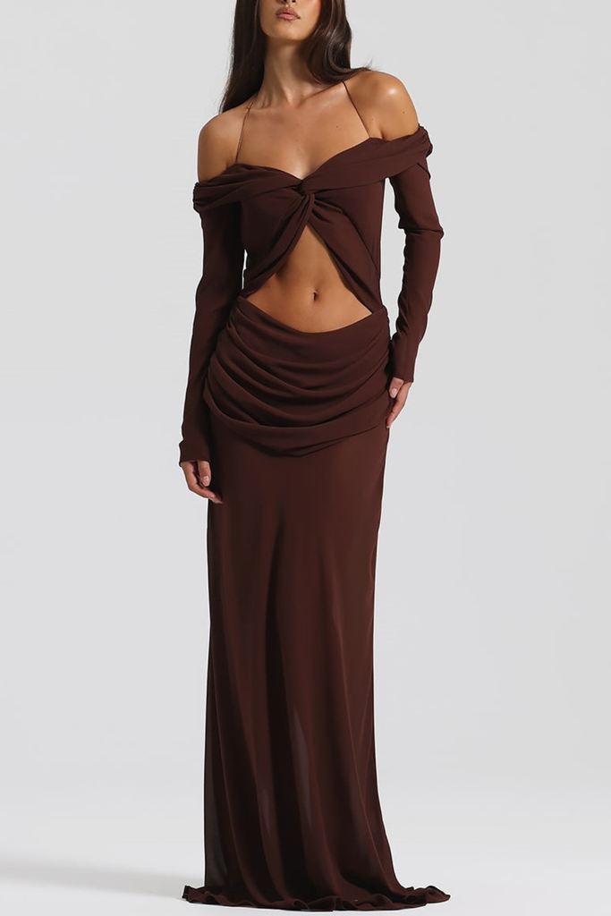 Stylish brown dress | Burra Off Shoulder Knot Cutout Maxi Dress - Brown - Ideal for special occasions