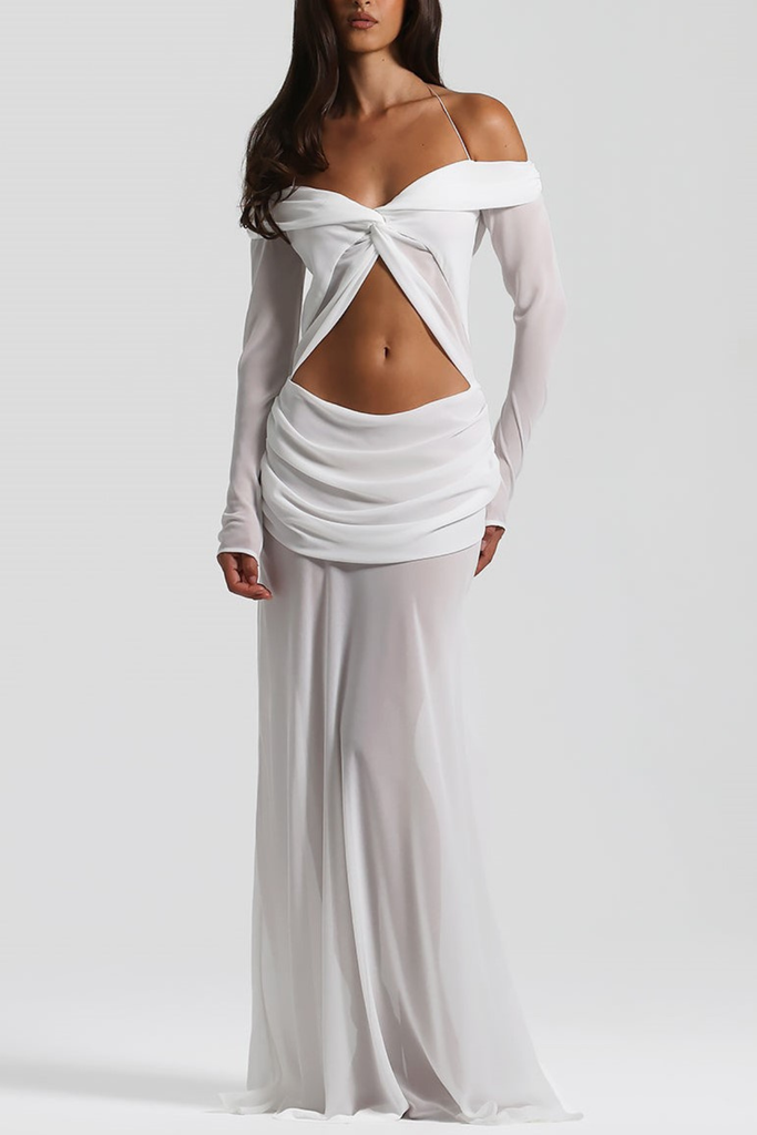 Shop  white dress - Perfect for special occasions | Burra Off Shoulder Knot Cutout Maxi Dress - White