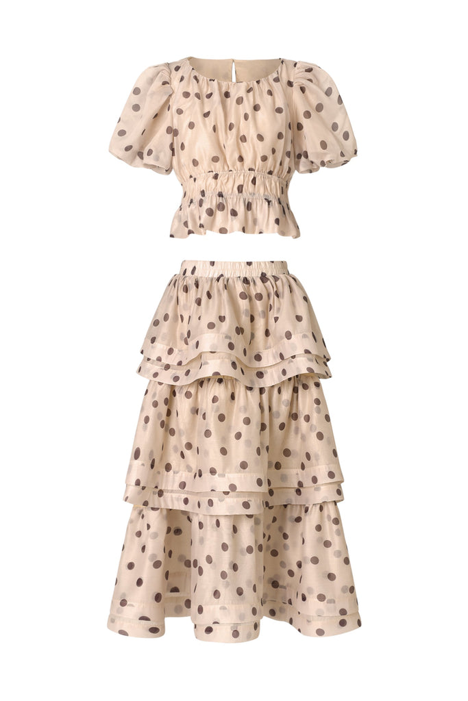 Shop  beige dress - Perfect for special occasions | damla beige Puff Sleeves Dot Printed Top And Skirt Two-Piece Set