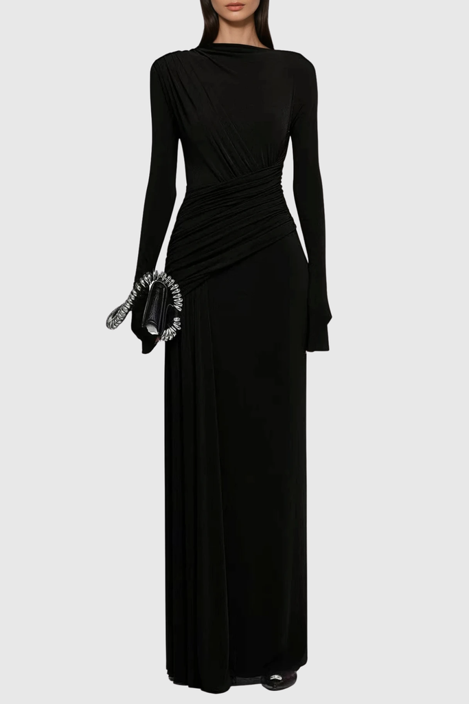 Cabdirashiid Ruch Asymmetric Maxi Dress In Black - Stylish black dress for special occasions | Buy Online