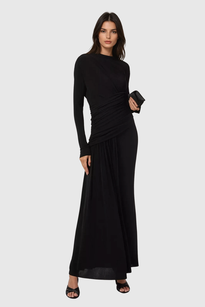 Cabdirashiid Ruch Asymmetric Maxi Dress In Black - Stylish black dress for special occasions | Buy Online