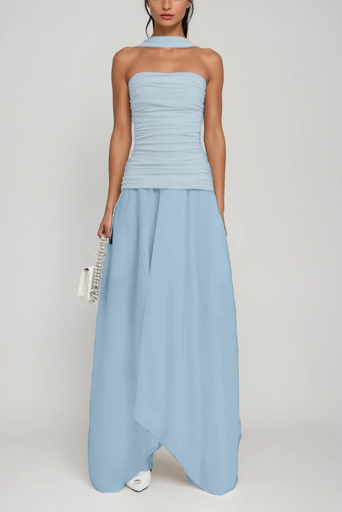 Stylish blue dress | Cabdiraxmaan Ruch Drawstring Asymmetric Maxi Dress In Blue - Ideal for special occasions