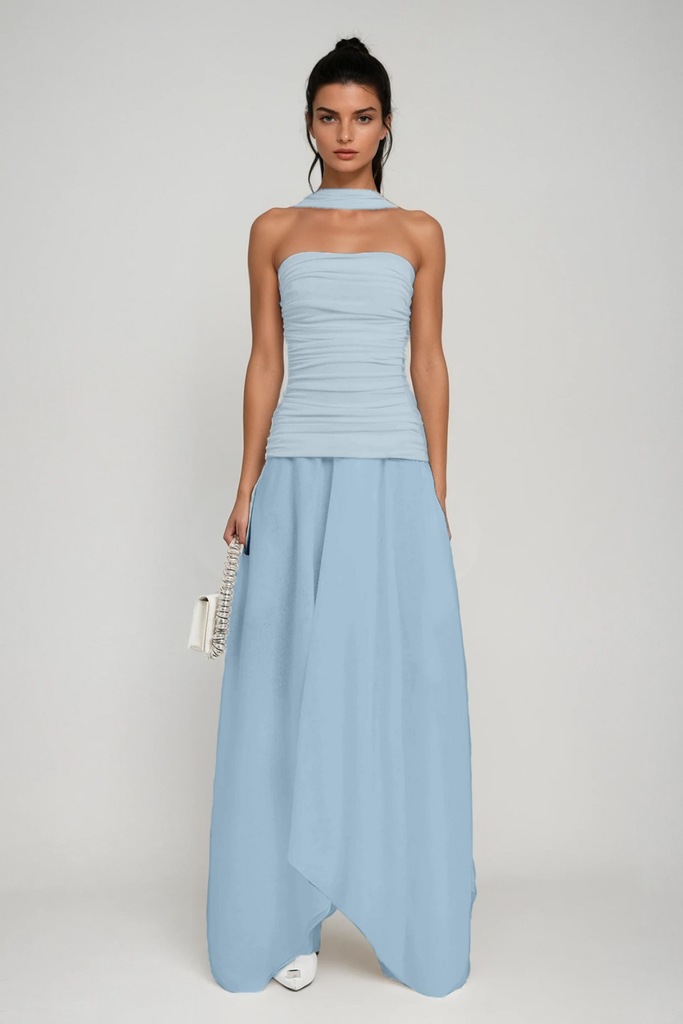 Shop  blue dress - Perfect for special occasions | Cabdiraxmaan Ruch Drawstring Asymmetric Maxi Dress In Blue