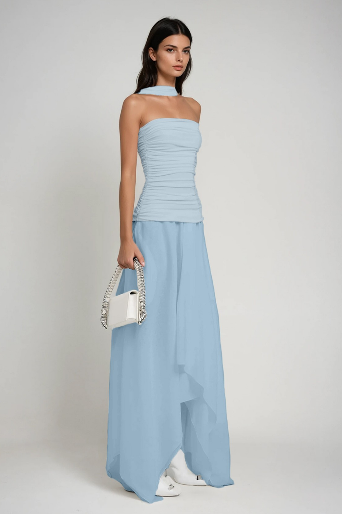 Cabdiraxmaan Ruch Drawstring Asymmetric Maxi Dress In Blue - Stylish blue dress for special occasions | Buy Online