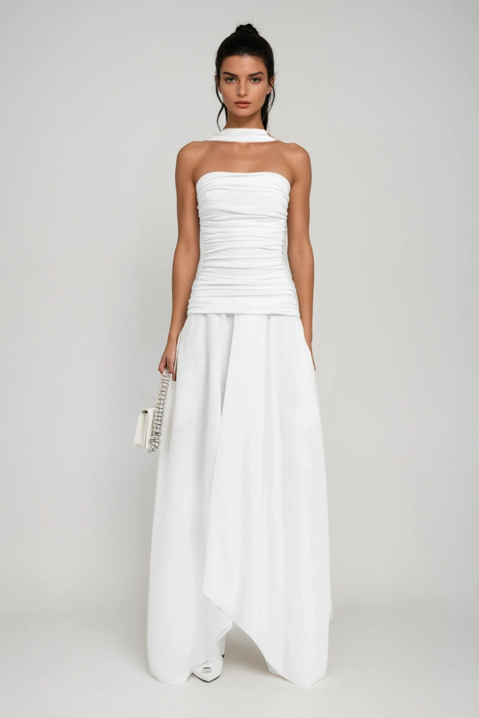 Stylish white dress | Cabdiraxmaan Ruch Drawstring Asymmetric Maxi Dress In White - Ideal for special occasions