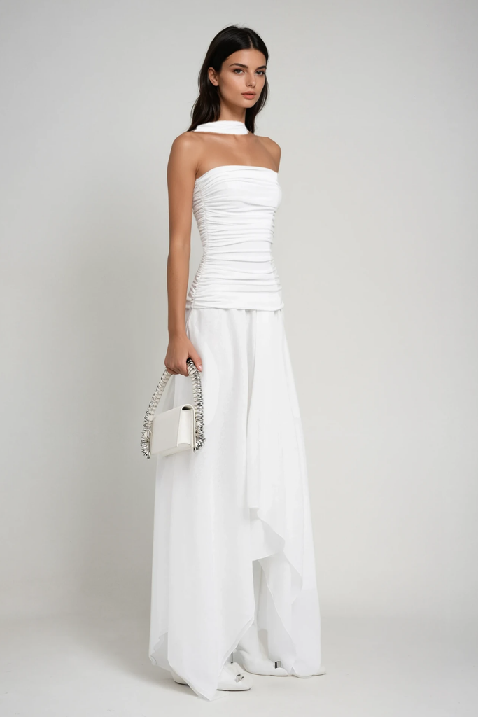 Stylish white dress | Cabdiraxmaan Ruch Drawstring Asymmetric Maxi Dress In White - Ideal for special occasions