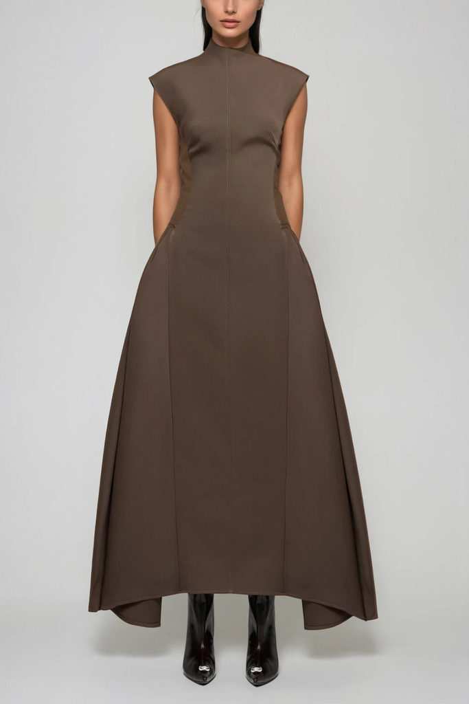 Stylish brown dress | Cabdullaahi Sleeveless Asymmetric Maxi Dress In Brown - Ideal for special occasions