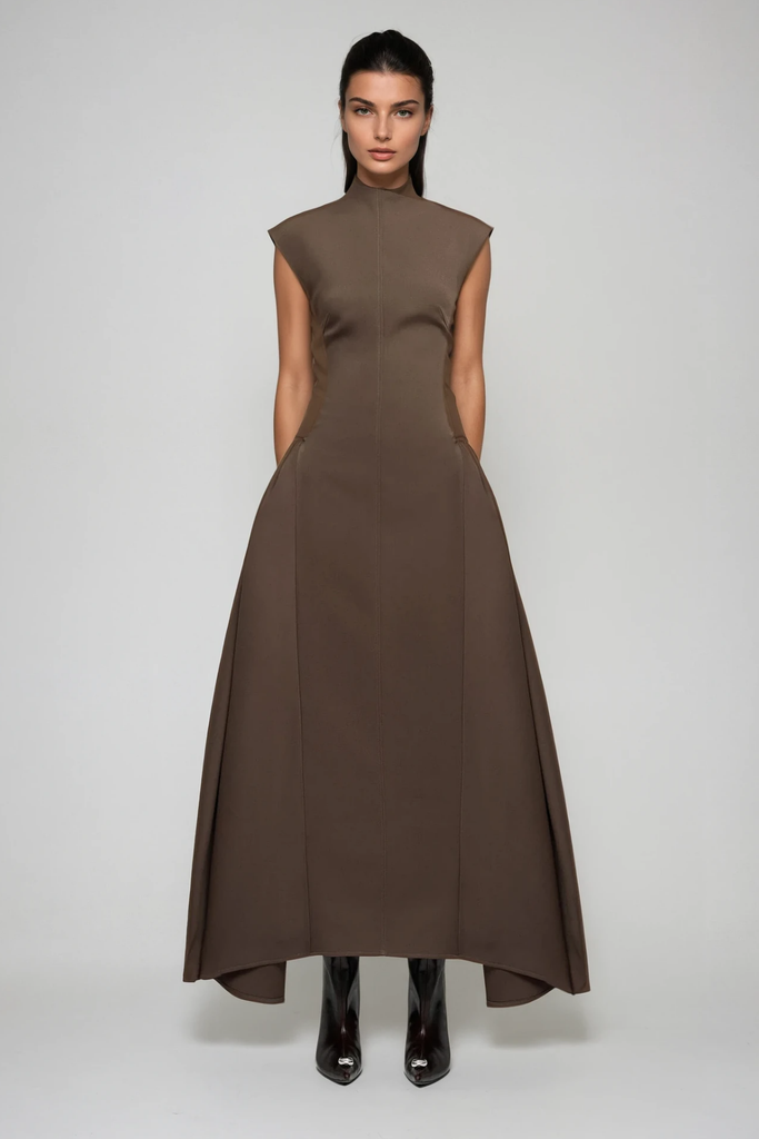 Shop  brown dress - Perfect for special occasions | Cabdullaahi Sleeveless Asymmetric Maxi Dress In Brown