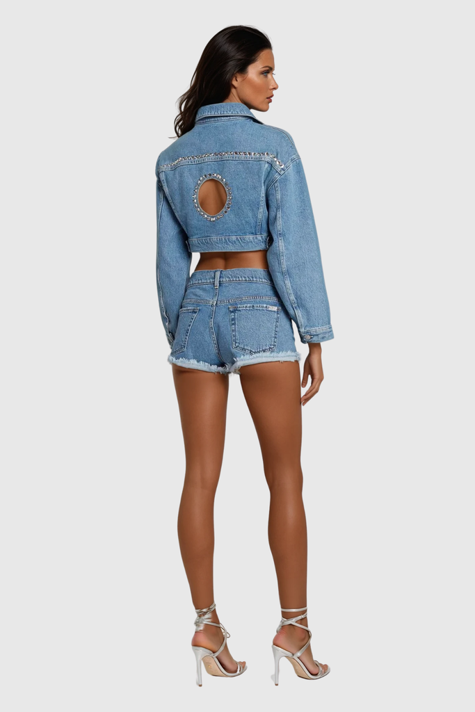 Cadhla Cutout Crystal Denim Jacket - Stylish beautiful dress for special occasions | Buy Online