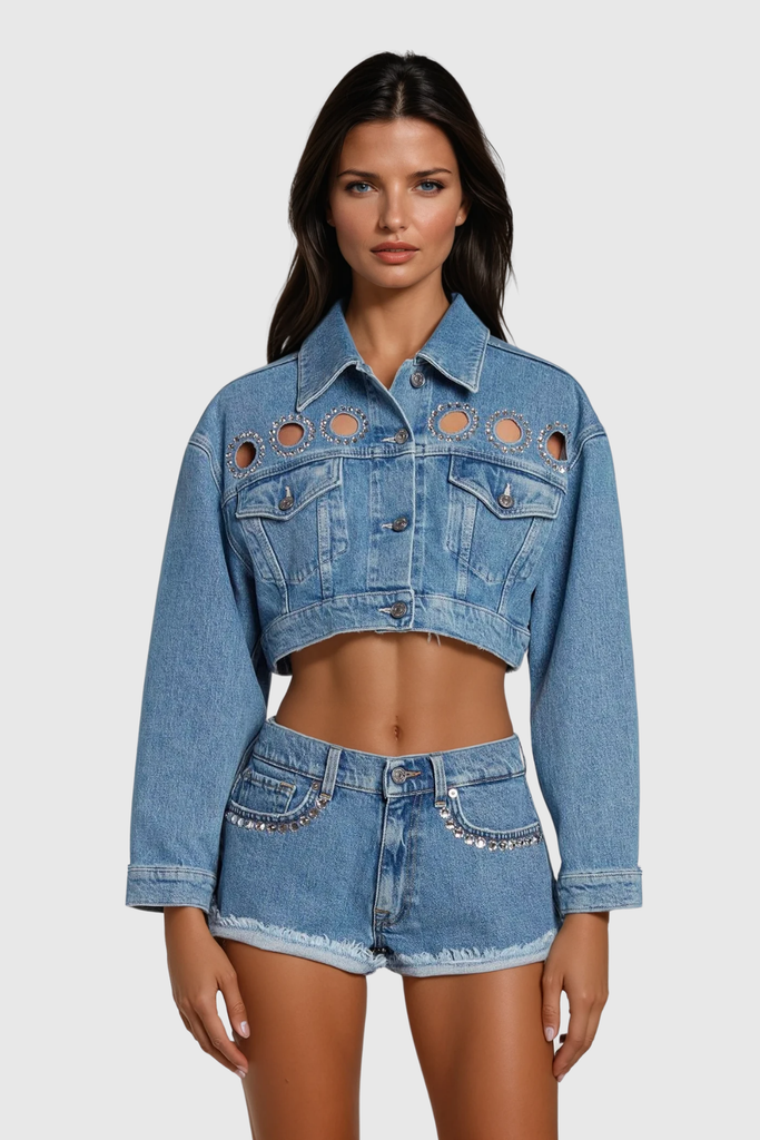Shop  beautiful dress - Perfect for special occasions | Cadhla Cutout Crystal Denim Jacket