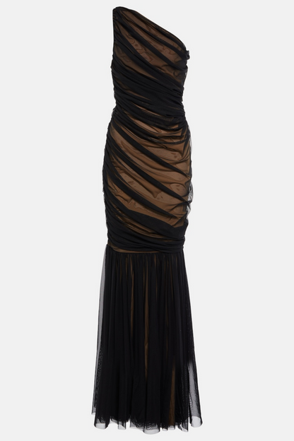 Cadhla One Shoulder Ruched Mesh Maxi Dress