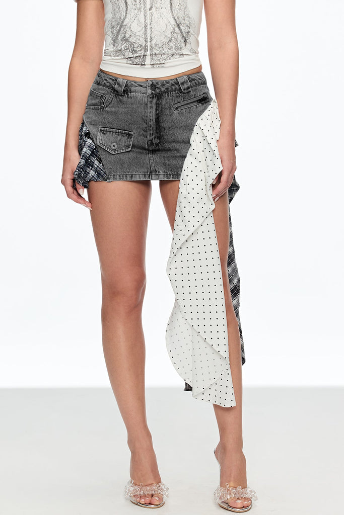 Stylish black mini | Caelestinus Dot Patchwork Asymmetric Mini Skirt In Black - Ideal for special occasions