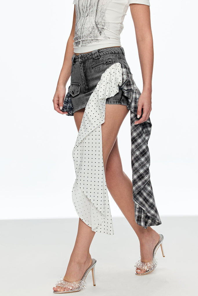 Caelestinus Dot Patchwork Asymmetric Mini Skirt In Black - Stylish black mini for special occasions | Buy Online