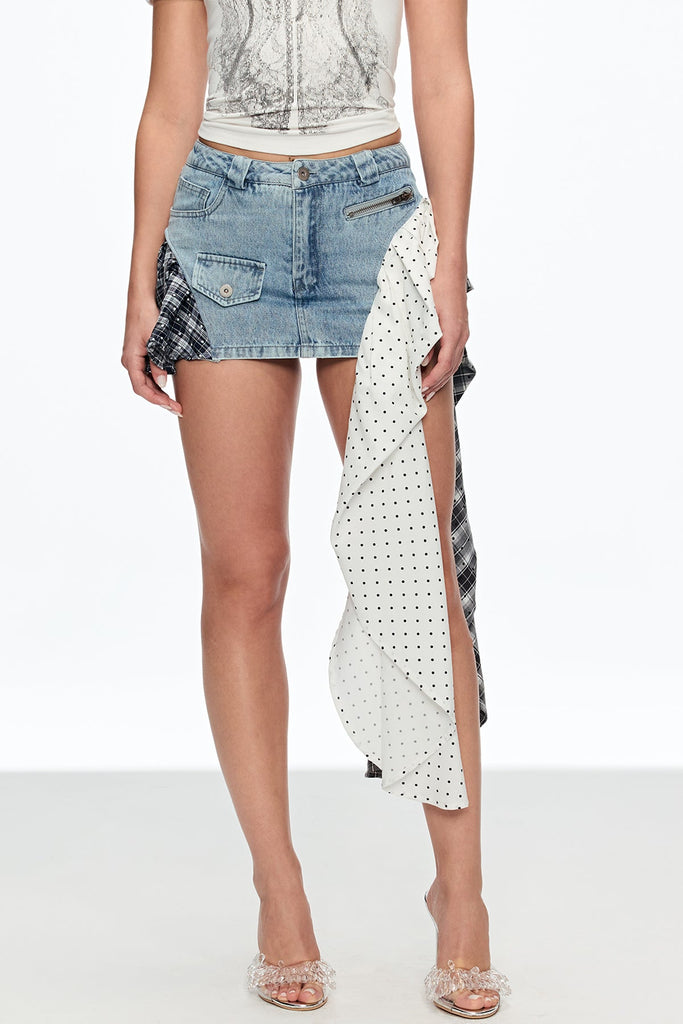 Shop  blue mini - Perfect for special occasions | Caelestinus Dot Patchwork Asymmetric Mini Skirt In Blue