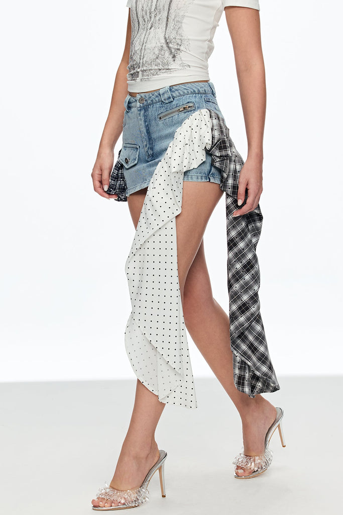 Caelestinus Dot Patchwork Asymmetric Mini Skirt In Blue - Stylish blue mini for special occasions | Buy Online