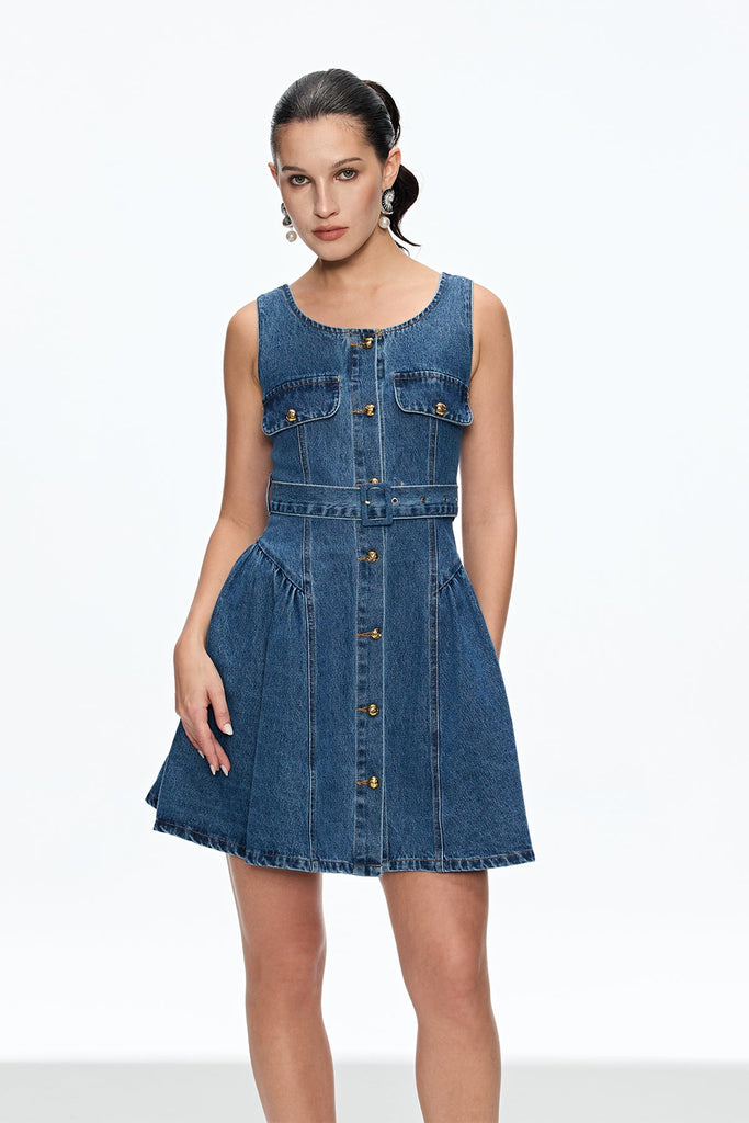 Caelia Sleeveless Denim Mini Dress - Stylish beautiful dress for special occasions | Buy Online