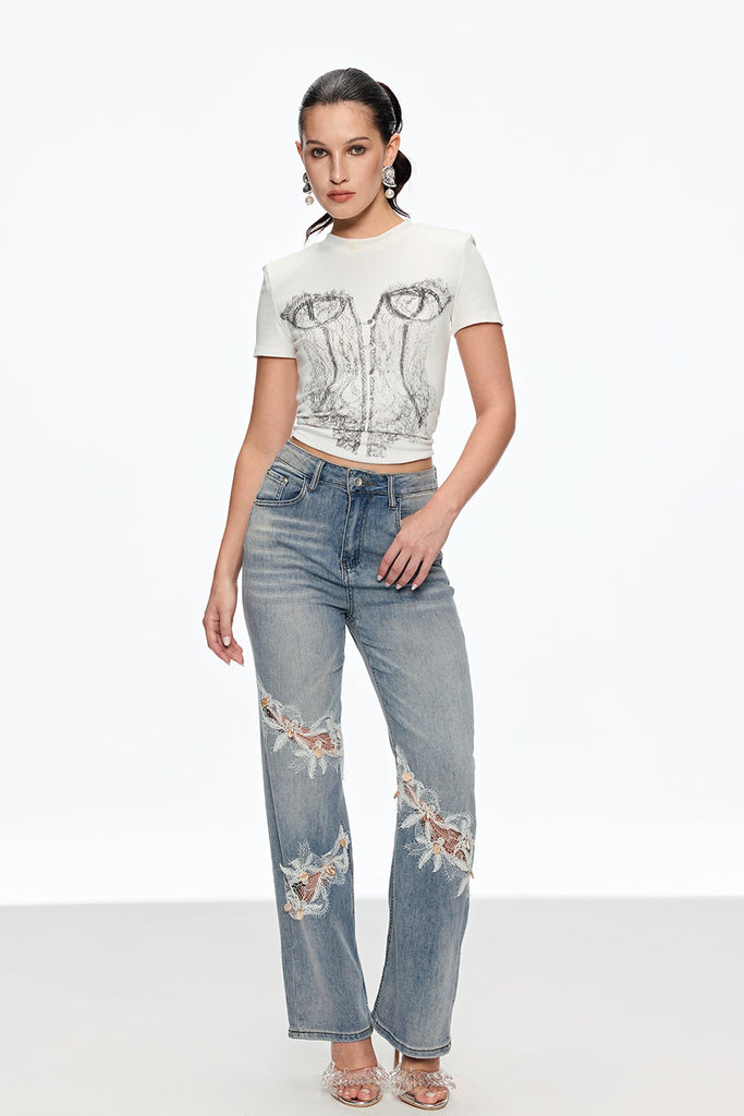 Stylish red dress | Caelinus Embroidered Flower Cutout Jeans - Ideal for special occasions