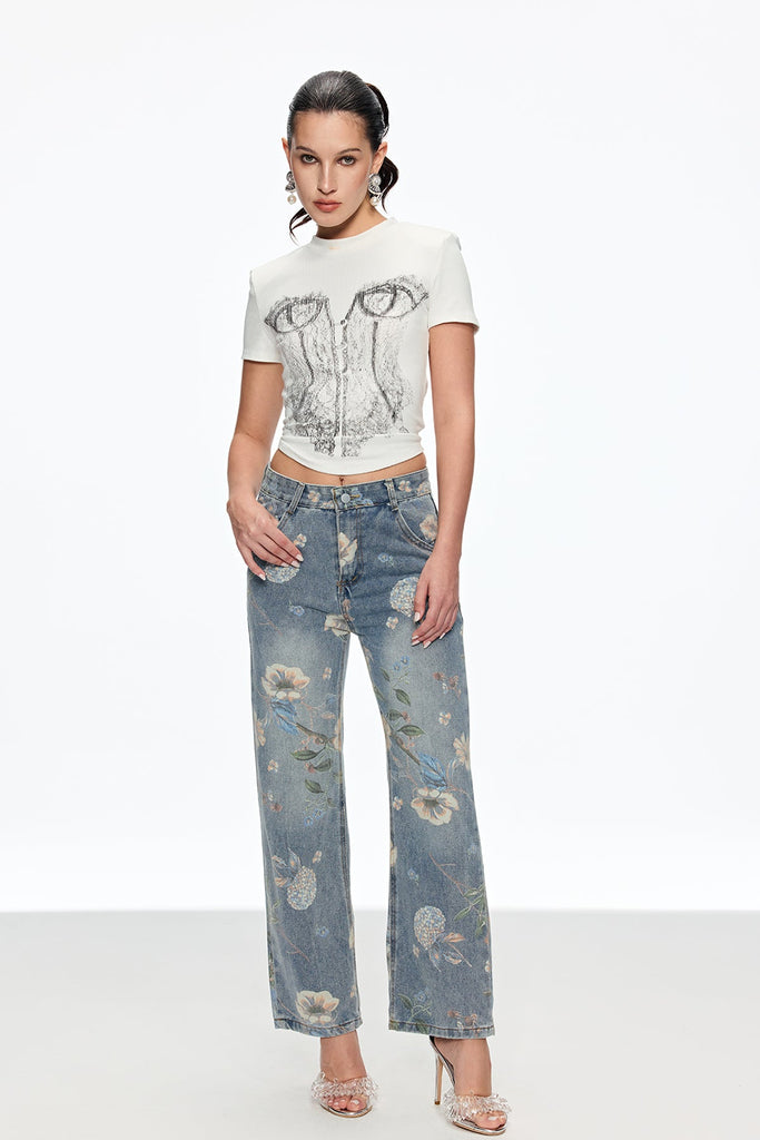 Caelius Floral Wide Leg Jeans - Stylish beautiful dress for special occasions | Buy Online