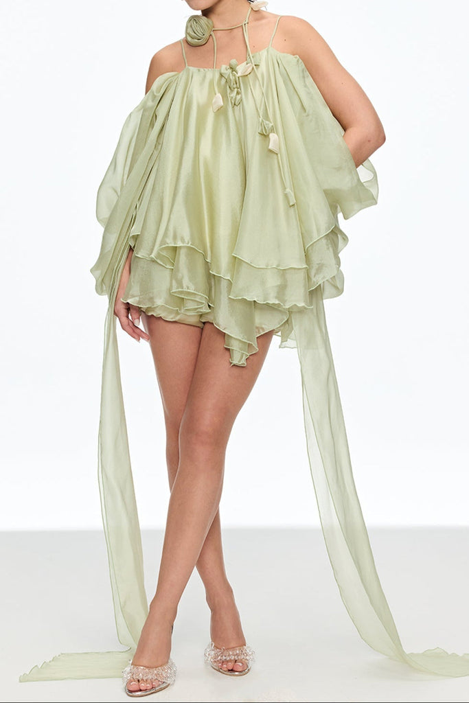 Shop  green dress - Perfect for special occasions | alisa Ruffle Lace Up Fringe Mini Dress in green