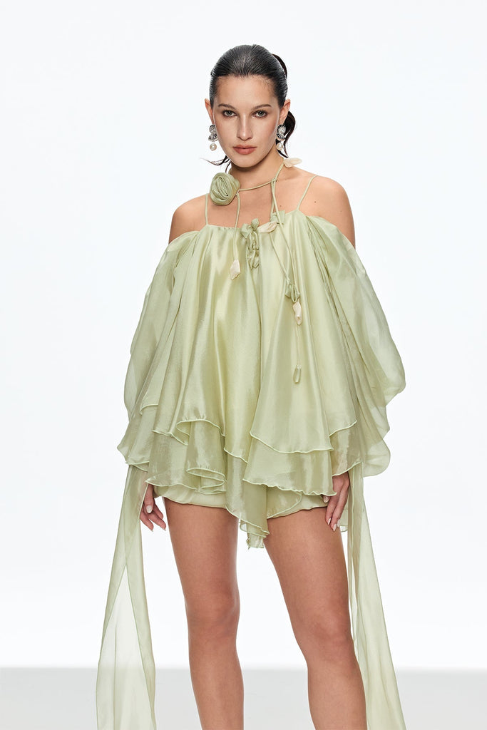 Shop  green dress - Perfect for special occasions | alisa Ruffle Lace Up Fringe Mini Dress in green