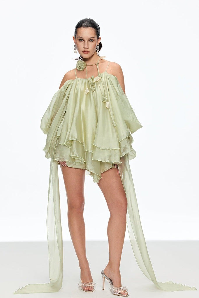 Shop  green dress - Perfect for special occasions | alisa Ruffle Lace Up Fringe Mini Dress in green