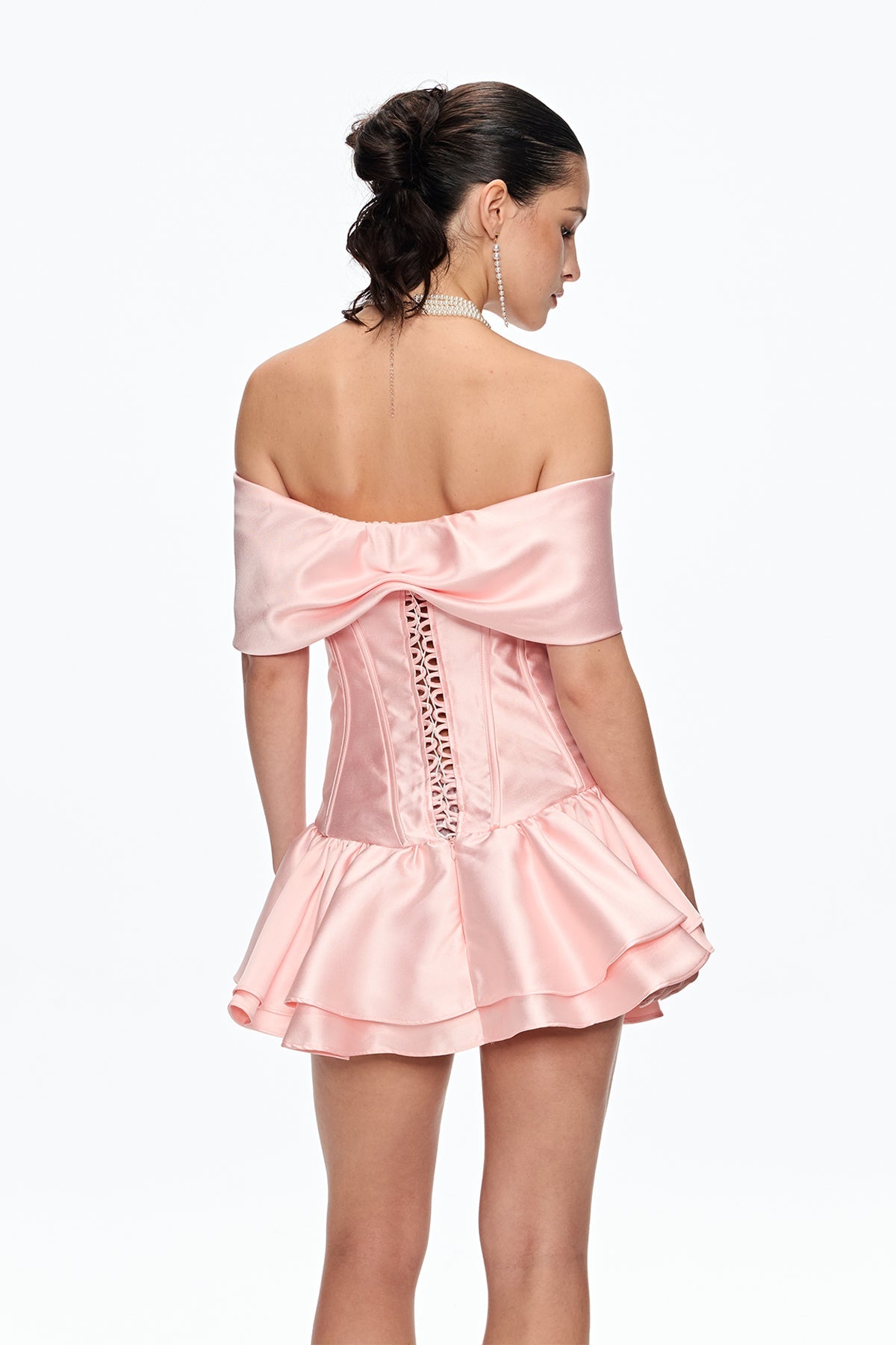 Cai Corset Bow Ruffle Satin Mini Dress