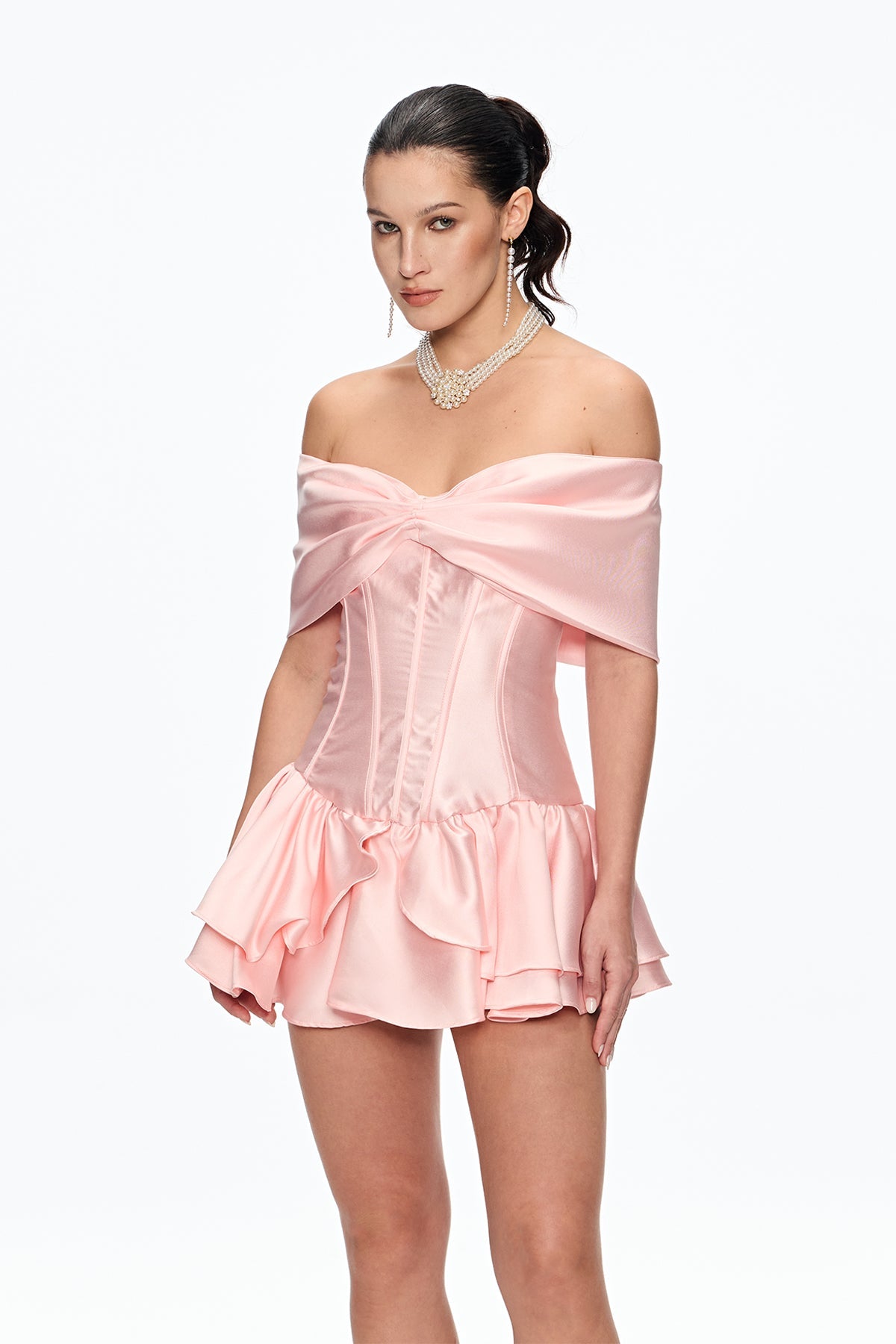 Cai Corset Bow Ruffle Satin Mini Dress