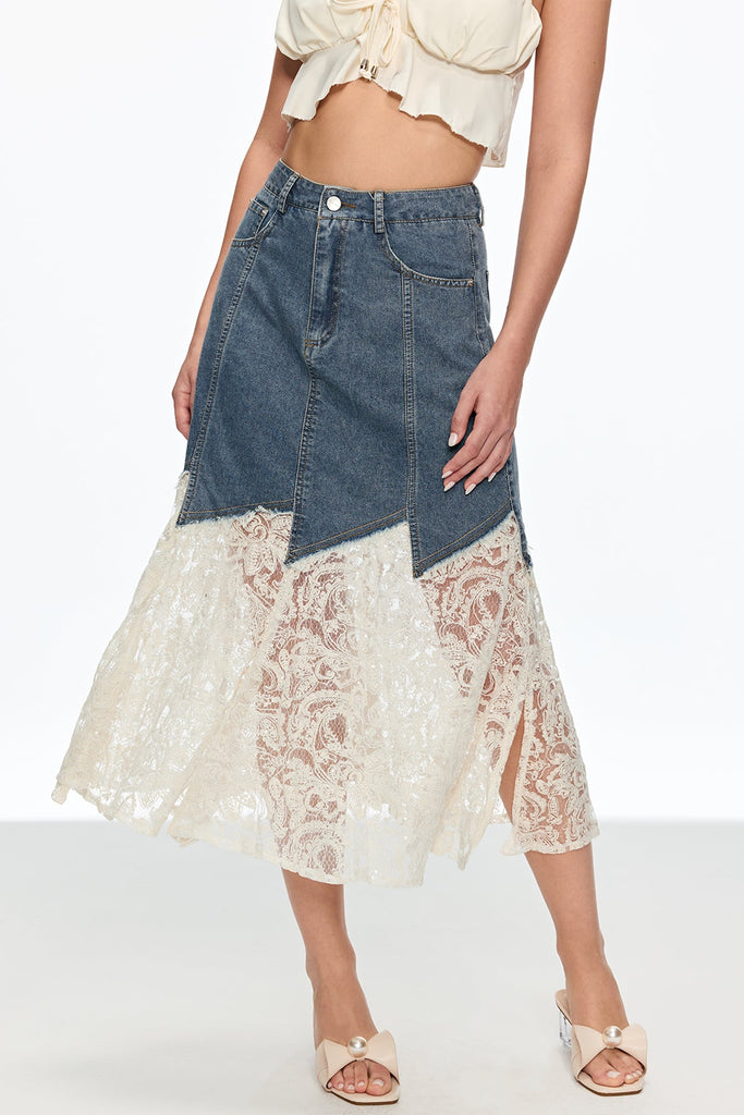 Stylish beautiful midi | Cain Lace Denim Midi Skirt - Ideal for special occasions