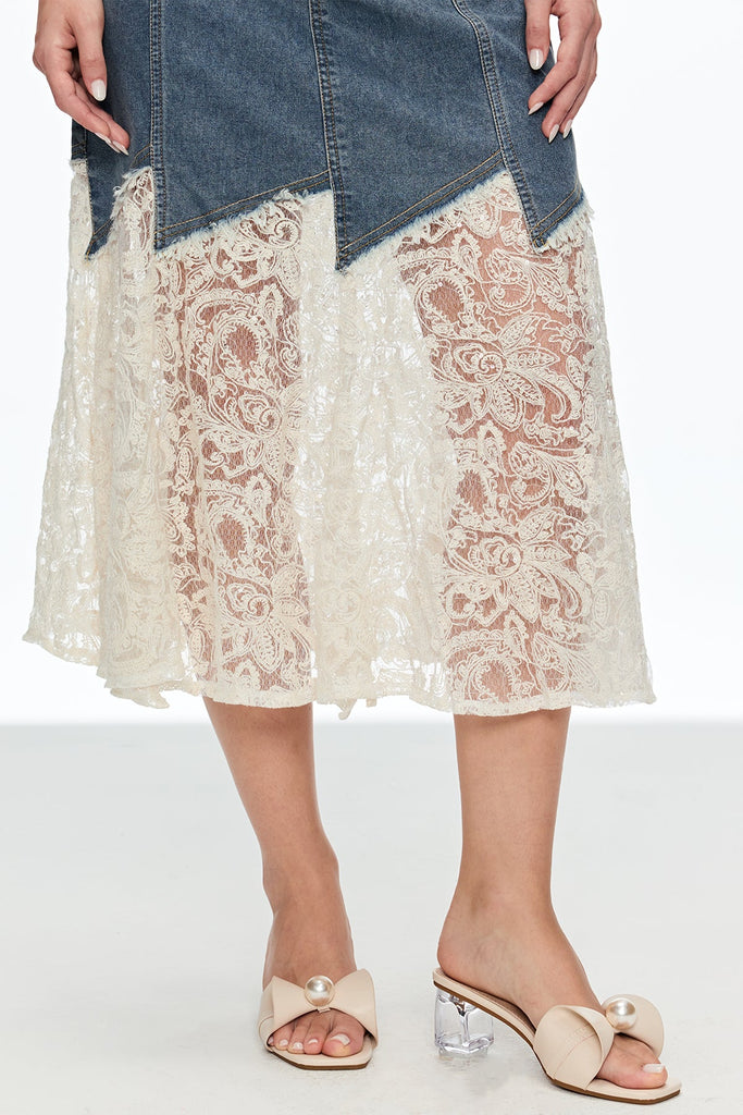 Stylish beautiful midi | Cain Lace Denim Midi Skirt - Ideal for special occasions