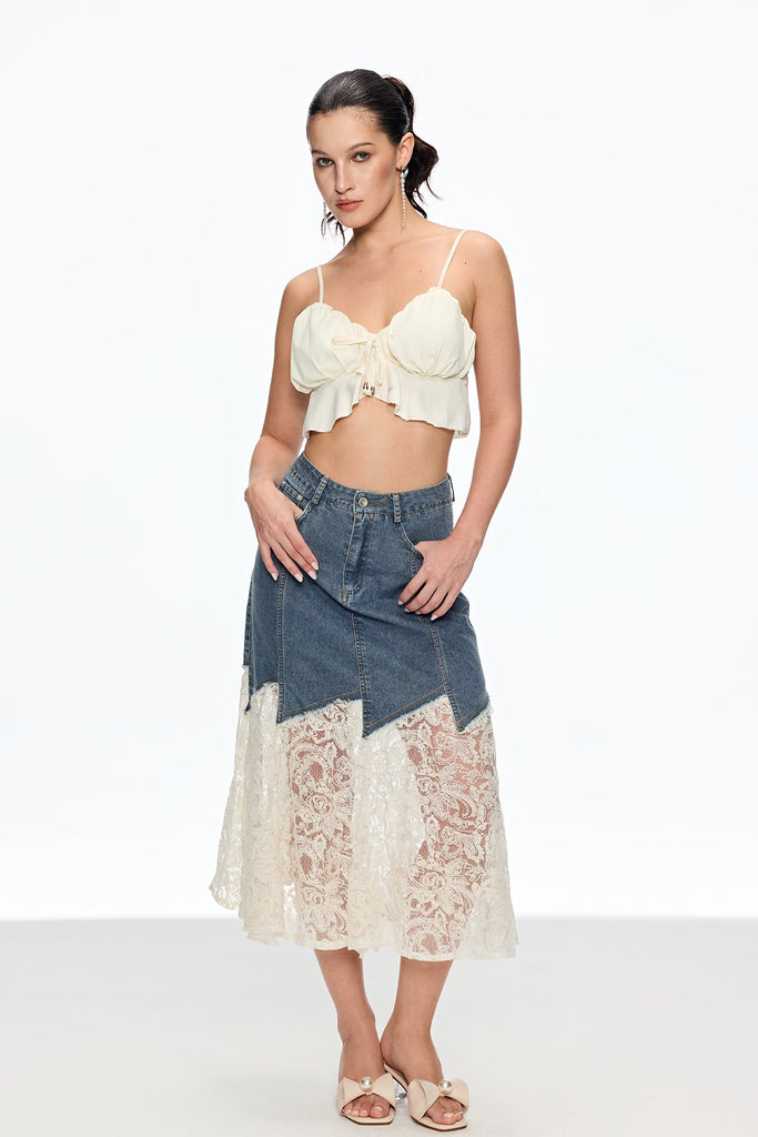 Cain Lace Denim Midi Skirt - Stylish beautiful midi for special occasions | Buy Online