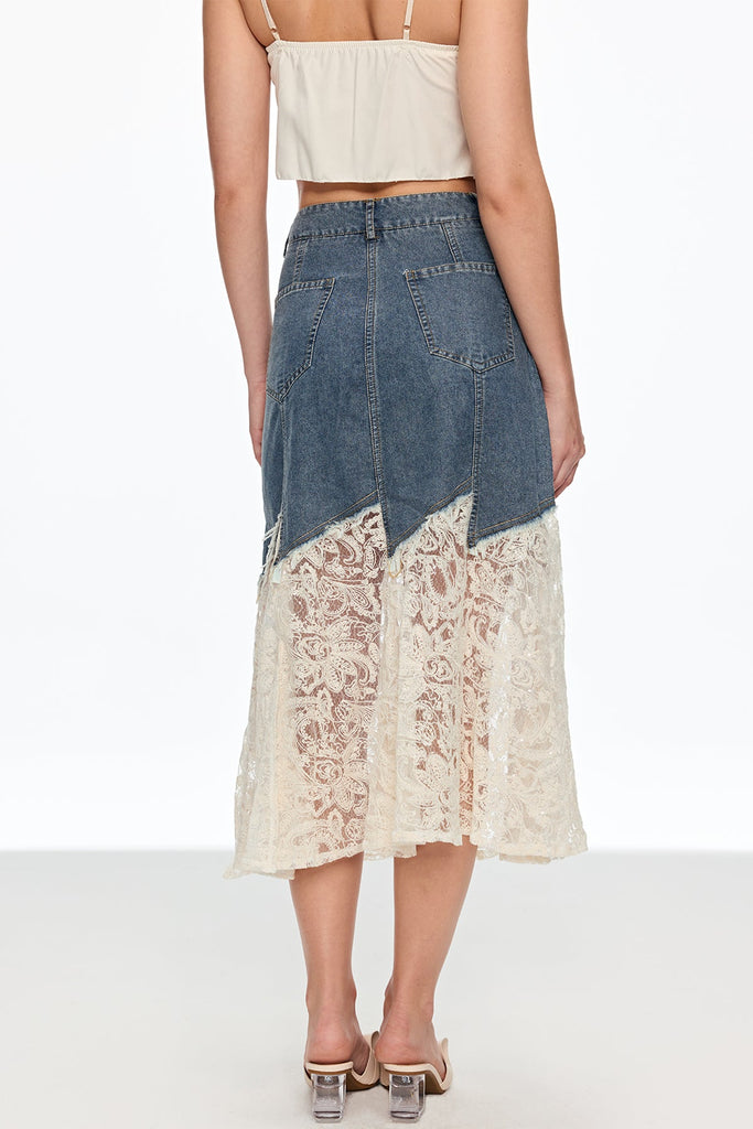 Shop  beautiful midi - Perfect for special occasions | Cain Lace Denim Midi Skirt