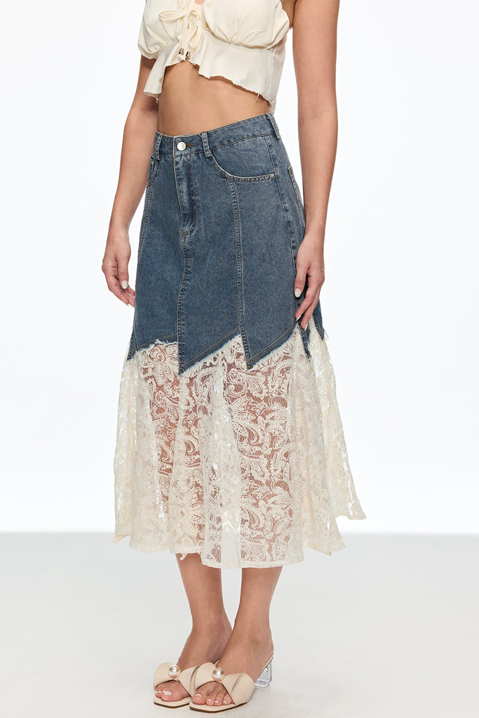 Shop  beautiful midi - Perfect for special occasions | Cain Lace Denim Midi Skirt