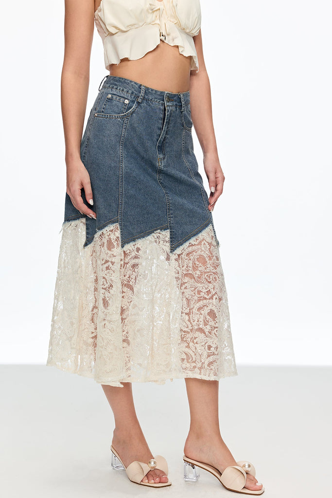 Shop  beautiful midi - Perfect for special occasions | Cain Lace Denim Midi Skirt